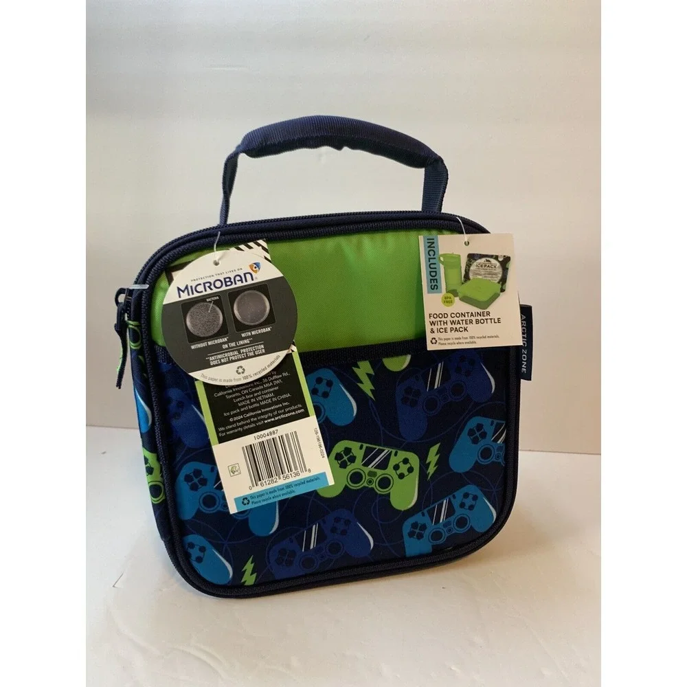 Arctic Zone Blue Gamer Lunch Box Bag Kit Insulated w/ Container, Bottle Ice Pack